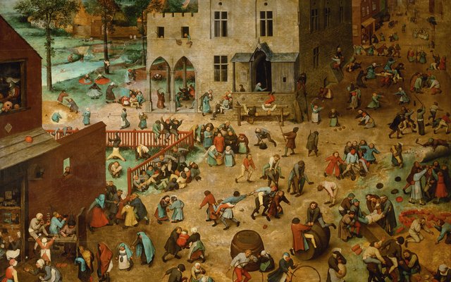 Dieses Bild heißt „Die Kinderspiele“ und ist im 16. Jahrhundert entstanden. Der Maler Pieter Bruegel der Ältere zeigte darauf verschiedene mittelalterliche Kinderspiele. Diese Gemälde befindet sich im Kunsthistorischen Museum in Wien. 